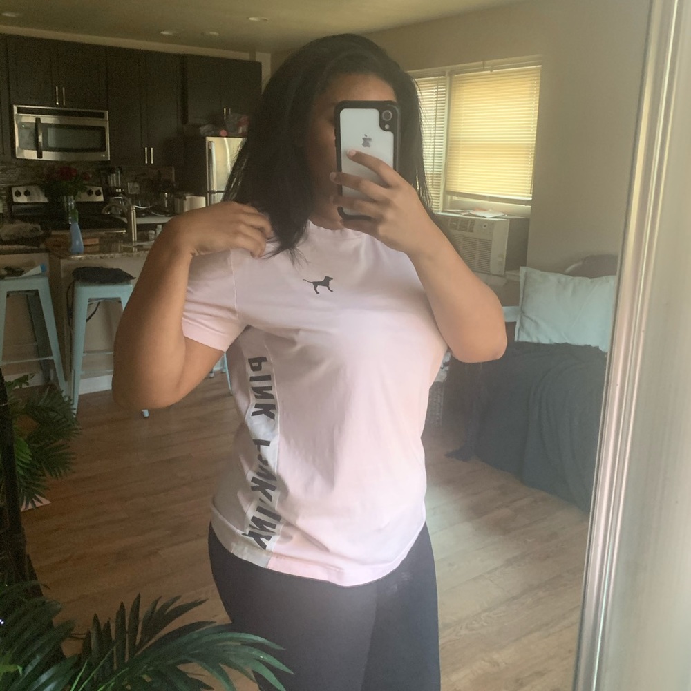 VS PINK baby pink T shirt with logo down the sides